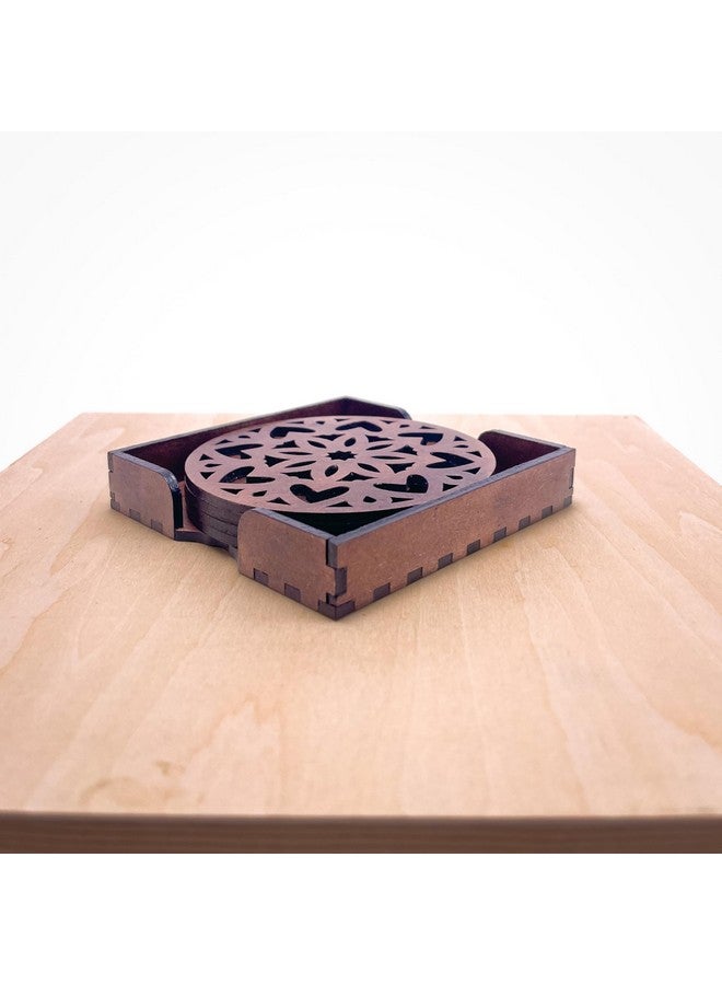 IndionArt Ashtadash 88mm Decorative Wooden Tea Coaster Set with Stand Hand-Painted Spill-Resistant Mandala Design (6, Clove Brown) - Image 2