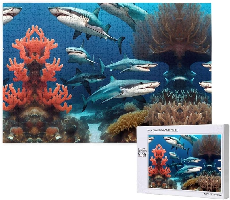 لغز الغواصة قرش المرجان 1000 قطعة للكبار ديكور المنزل 29.5 × 19.7 بوصة - Image 1