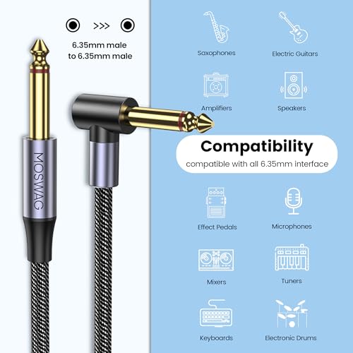 MOSWAG 14 Inch Guitar Cord 16FT Straight to Right Angle Instrument Cable Electric Instrument Bass AMP Cord Compatible with Bass Electric Guitar Amplifier - Image 3