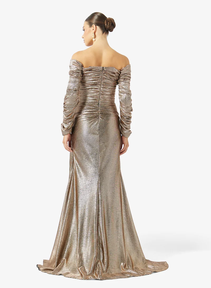 اكاديا فاشن PLEATED OFF SHOULDER LAME DRESS