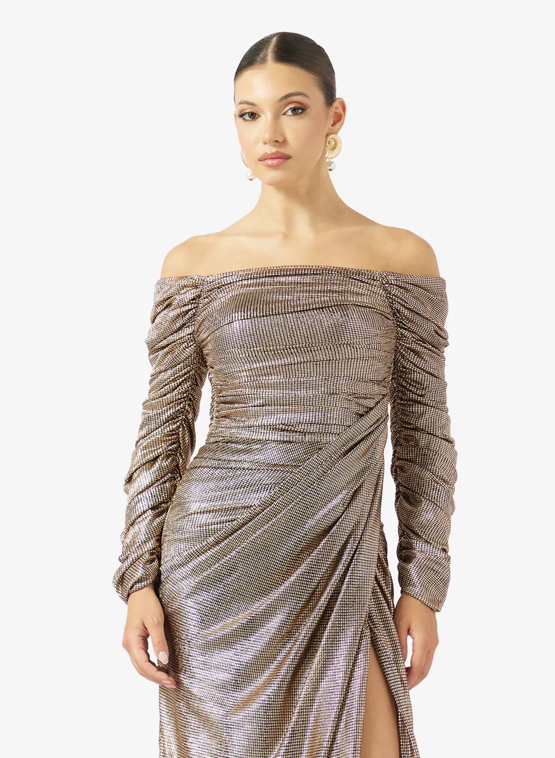 Akadia Fashion  PLEATED OFF SHOULDER LAME DRESS for Women | Best Price UAE