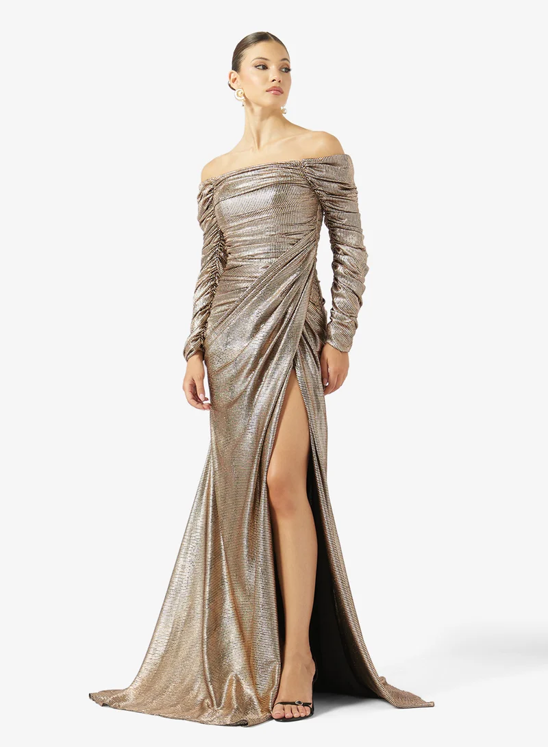 اكاديا فاشن PLEATED OFF SHOULDER LAME DRESS