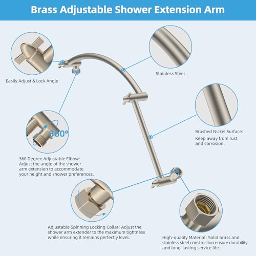 Hibbent All Metal 20 Shower Head Extension Arm Solid Brass Flexible Height Angle Adjustable Shower Arm Extender Universal Connection Stainless Steel Pipe Height Extending Brushed Nickel - Image 3