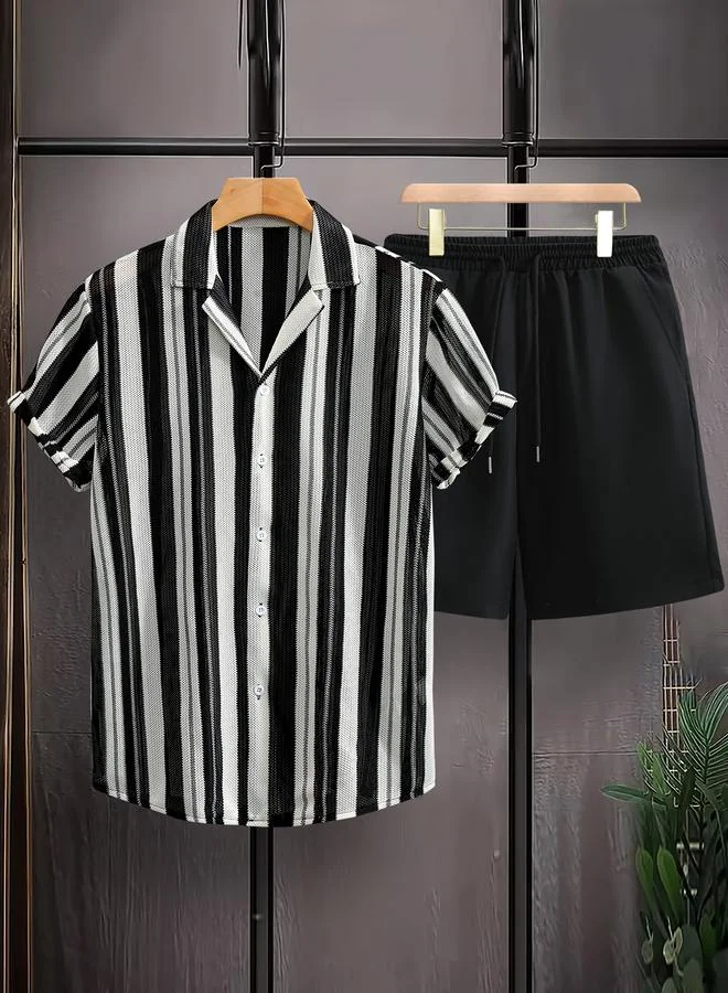 Take Two Men Striped Knitted Shirt and Shorts Co-Ords