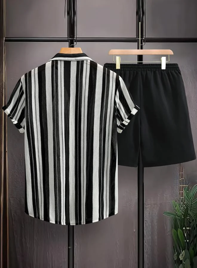 Take Two Men Striped Knitted Shirt and Shorts Co-Ords