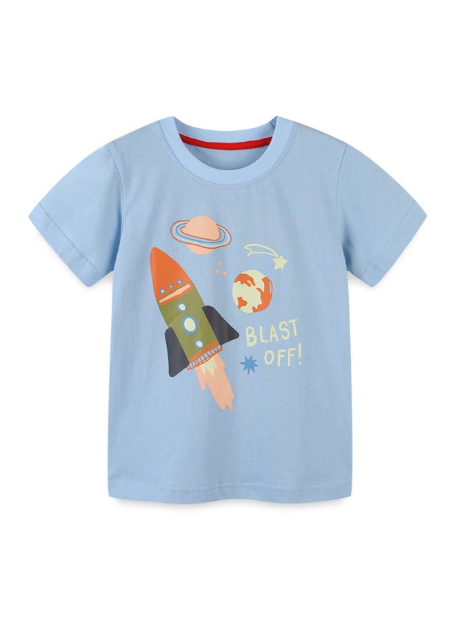 Boys Cartoon Print Knit Cotton Short Sleeve T-Shirt – Round Neck