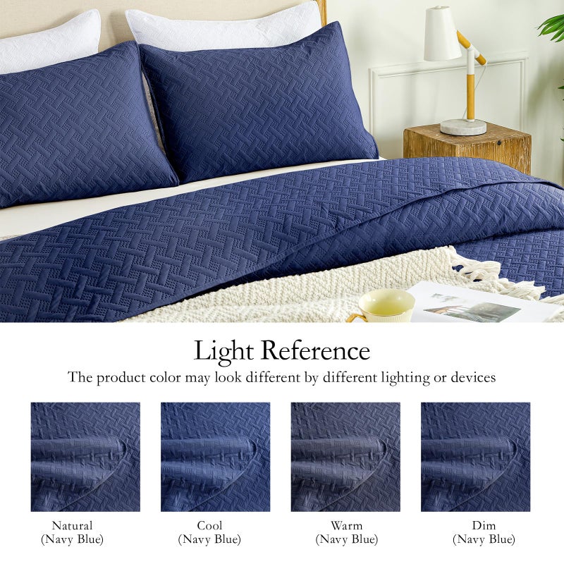 FLYMME FLYMME King Size Quilt Bedding Set Navy Blue Lightweight Bedspreads for All Seasons Modern Style Geometric Weave Stripe Pattern Soft Microfiber Bed Coverlet 3 Pieces (1 Quilt  2 Shams)  - Image 5