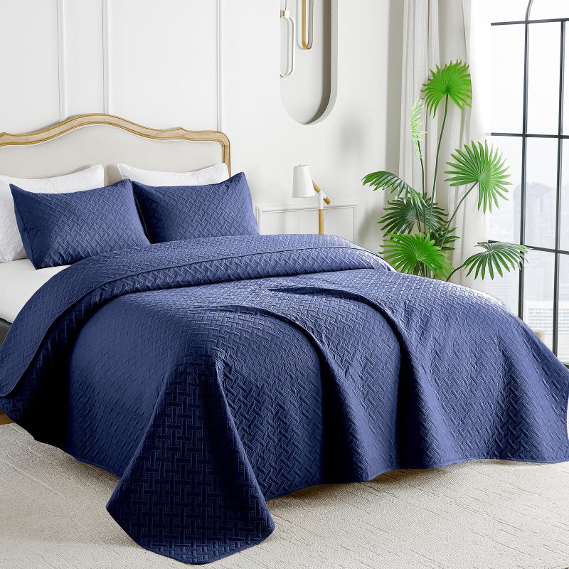 FLYMME FLYMME King Size Quilt Bedding Set Navy Blue Lightweight Bedspreads for All Seasons Modern Style Geometric Weave Stripe Pattern Soft Microfiber Bed Coverlet 3 Pieces (1 Quilt  2 Shams)  - Image 2