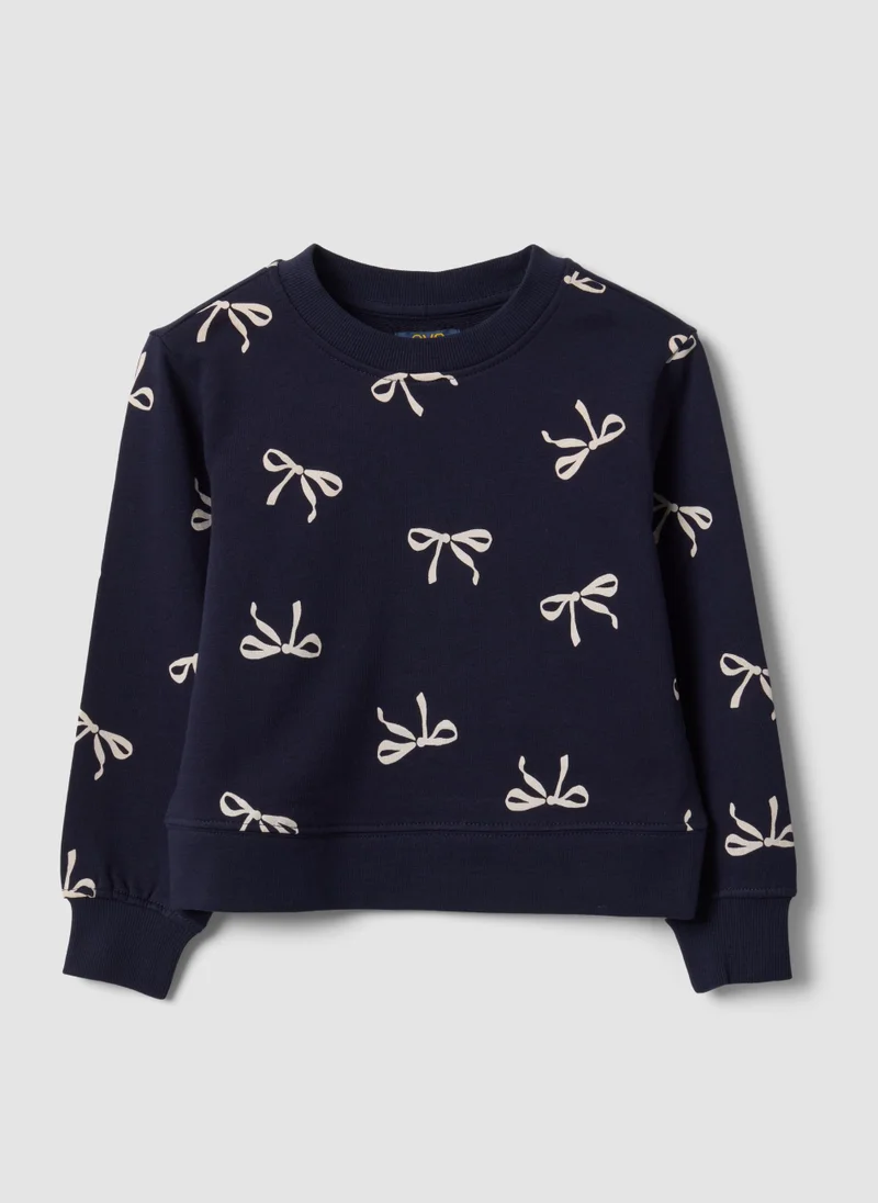 Ovs OVS Blue Pure Cotton Sweatshirt With Bow Print And Crew Neck For Girls