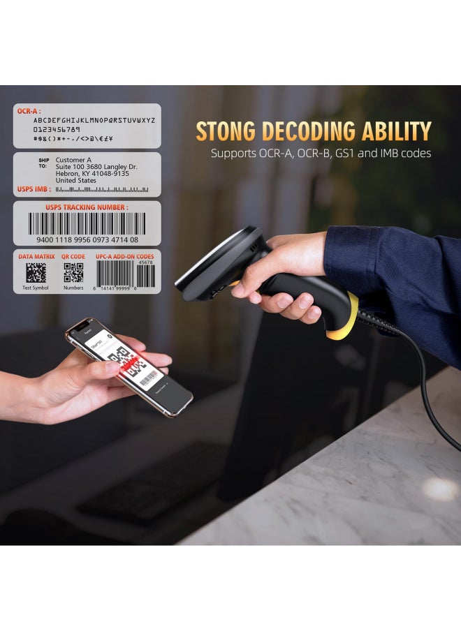 TEEMI 2D Barcode Scanner USB Wired Virtual COM Handheld Automatic QR Data Matrix PDF417 bar Codes Imager Global Shutter Computer Screen Scan for Windows Mac and Linux PC POS, No Stand