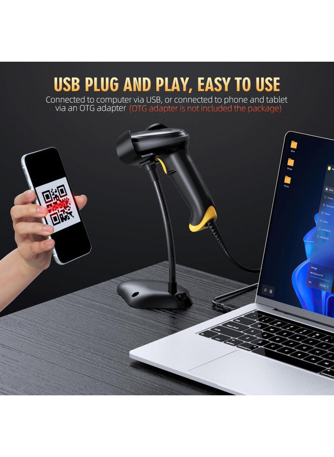 TEEMI 2D Barcode Scanner USB Wired Virtual COM Handheld Automatic QR Data Matrix PDF417 bar Codes Imager Global Shutter Computer Screen Scan for Windows Mac and Linux PC POS, No Stand
