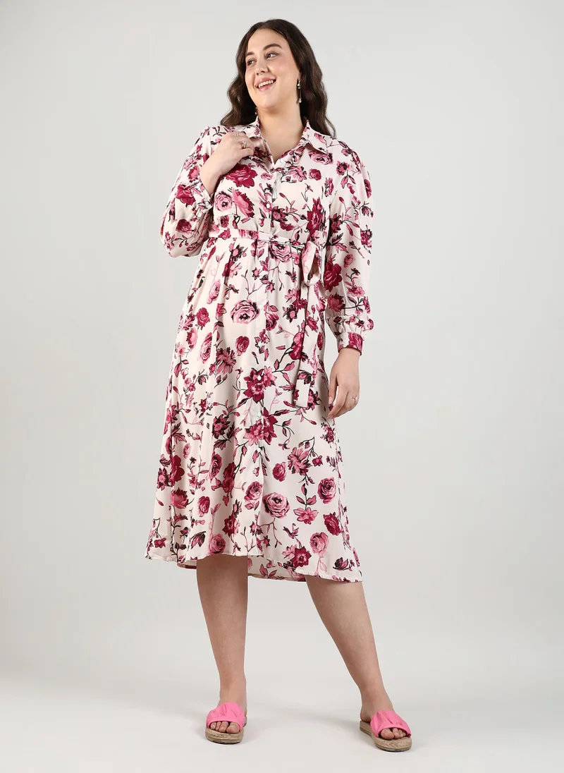 Instafab Plus Women's Multicolour Roses Tie-Up Dress For Casual Wear | Spread Collar | Long Sleeve | Button Closure | Plus-Size Dress Crafted With Comfort With For Everyday Wear