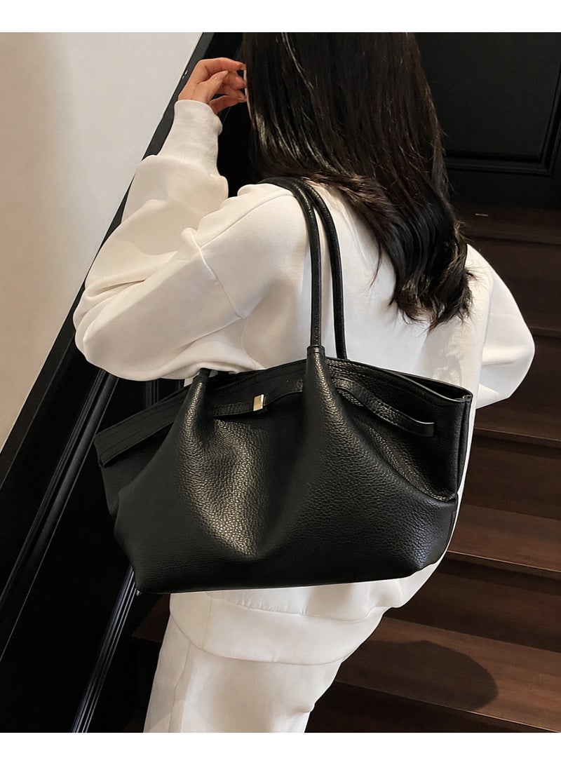 Women's Black PU Leather Large Capacity Tote Bag, Soft Hobo Shoulder & Underarm Handbag - Image 5