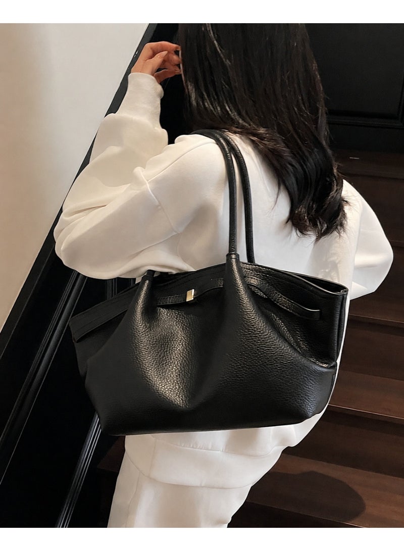 Women's Black PU Leather Large Capacity Tote Bag, Soft Hobo Shoulder & Underarm Handbag - Image 3