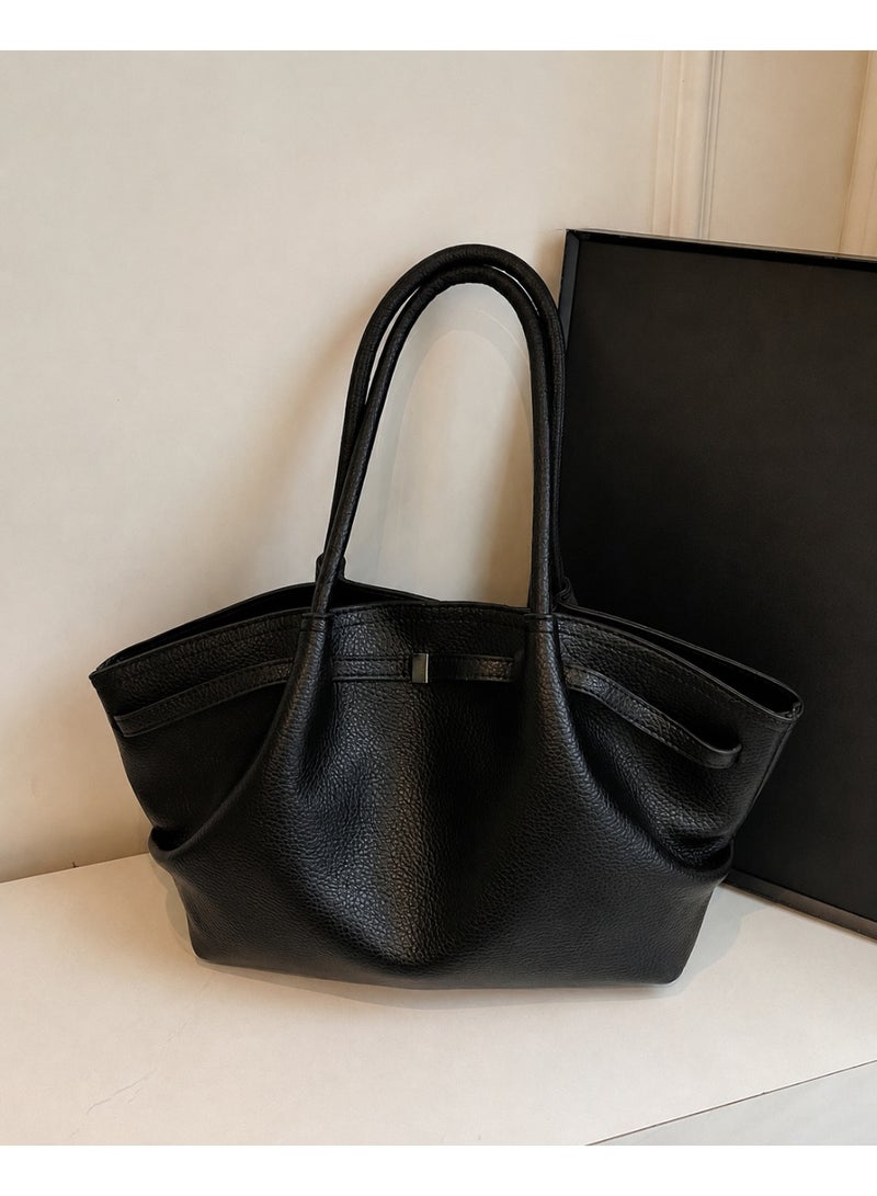 Women's Black PU Leather Large Capacity Tote Bag, Soft Hobo Shoulder & Underarm Handbag - Image 4