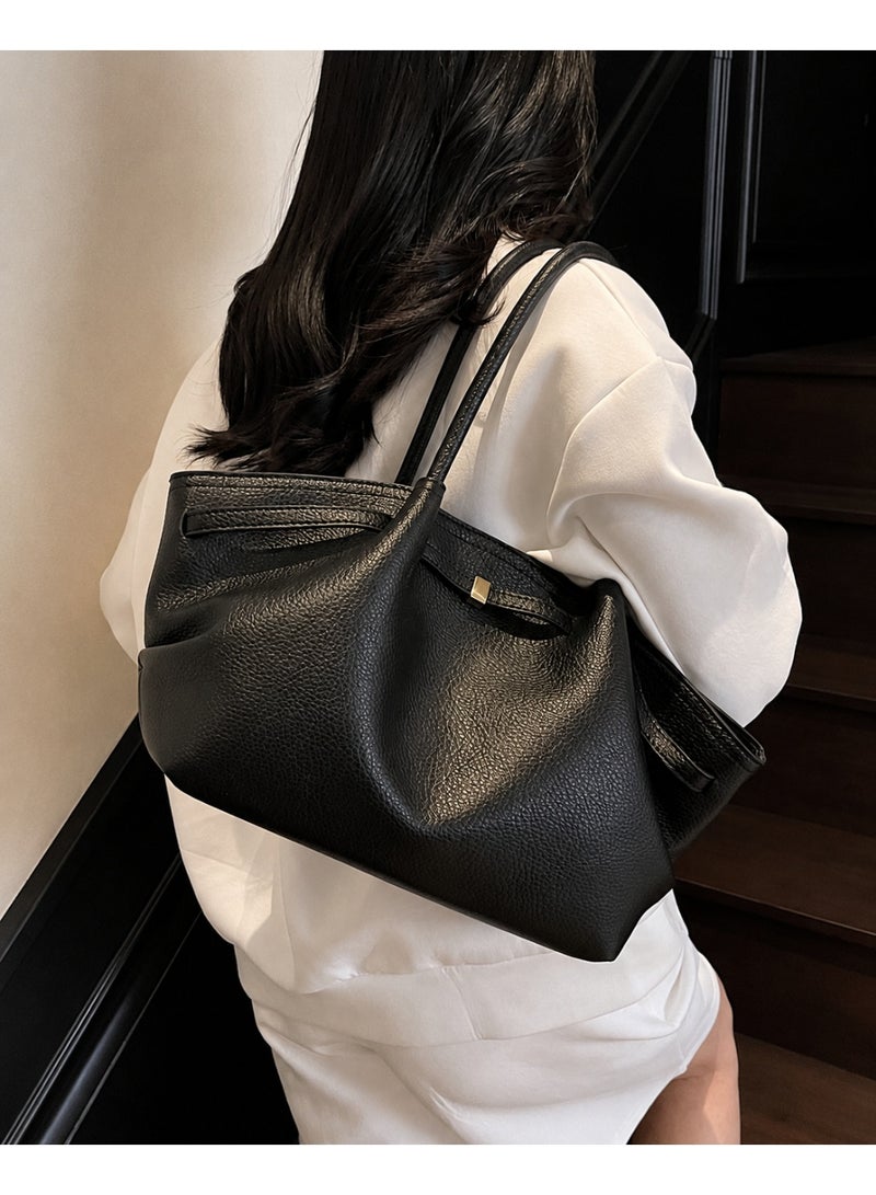 Women's Black PU Leather Large Capacity Tote Bag, Soft Hobo Shoulder & Underarm Handbag - Image 2