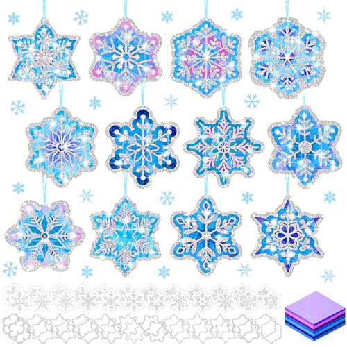 DoubleFill 60 Sets Snowflakes Suncatchers Kit Bulk Winter Snowflakes Tissue Paper Make Your Own Snowflake Stained Glass Ornament for Window Xmas Decoration - Image 1