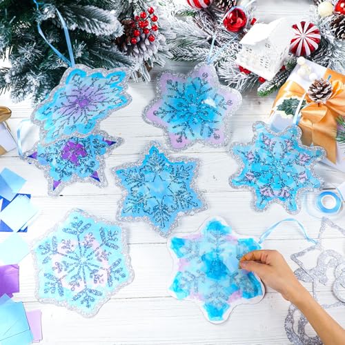 DoubleFill 60 Sets Snowflakes Suncatchers Kit Bulk Winter Snowflakes Tissue Paper Make Your Own Snowflake Stained Glass Ornament for Window Xmas Decoration - Image 5