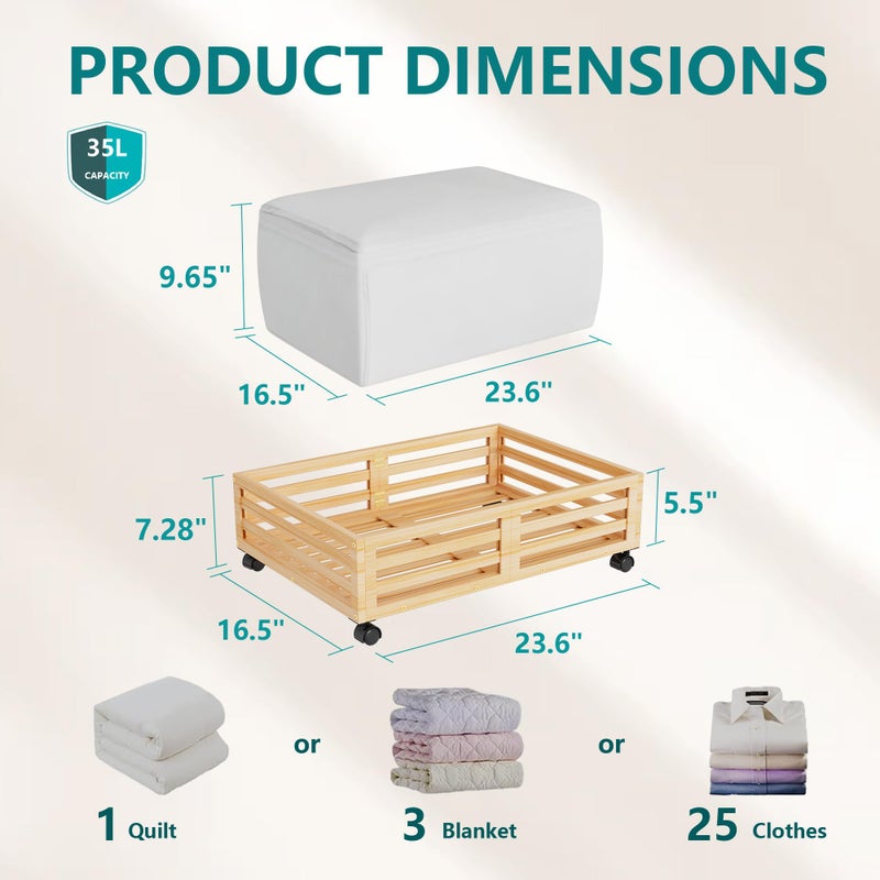 WISUCART Bamboo Under Bed Storage Containers- Underbed Organizer with Wheels with Large Capacity Dust Bag,Sturdy Wood Rolling Under Bed Shoe Storage Organizer 2 Packs (Nature, 2 Packs (23.62"Ã—16.54")) - Image 2