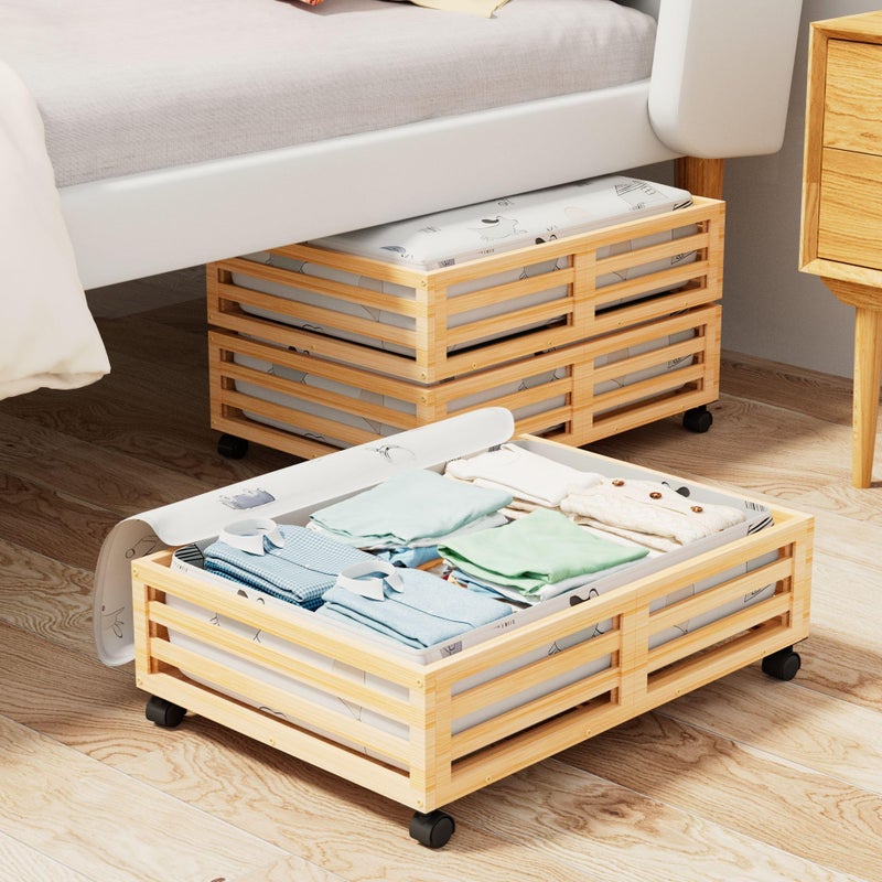 WISUCART Bamboo Under Bed Storage Containers- Underbed Organizer with Wheels with Large Capacity Dust Bag,Sturdy Wood Rolling Under Bed Shoe Storage Organizer 2 Packs (Nature, 2 Packs (23.62"Ã—16.54")) - Image 1