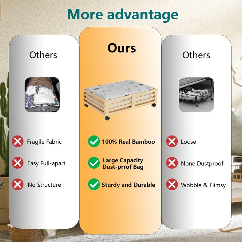 WISUCART Bamboo Under Bed Storage Containers- Underbed Organizer with Wheels with Large Capacity Dust Bag,Sturdy Wood Rolling Under Bed Shoe Storage Organizer 2 Packs (Nature, 2 Packs (23.62"Ã—16.54")) - Image 4
