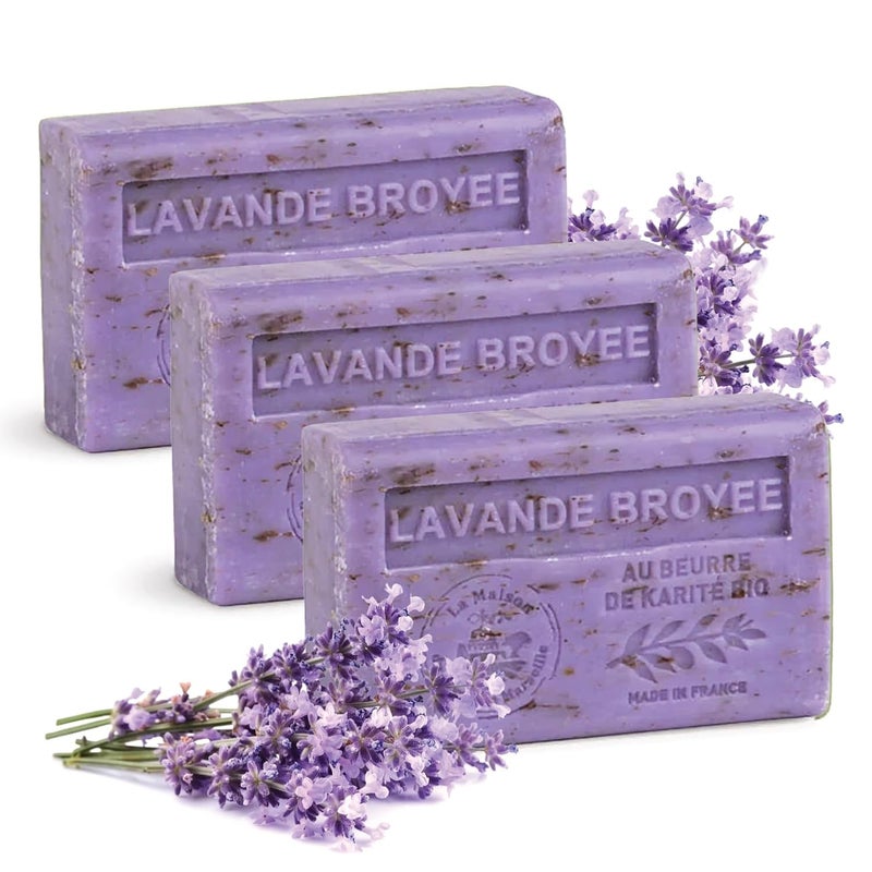 La Maison du Savon de Marseille Hand Body Soap Bars Trio Exfoliating Lavender Moisturizing French Soap with Organic Shea Butter Rich Creamy Lather 97 Natural Ingredients Solid Bath Cleanser Made in Provence 3x44 oz - Image 1