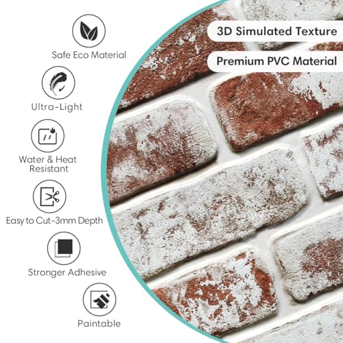 Commomy 10 Pcs 3D Brick Peel and Stick - 11.8'' x 11.8'' Small Size Ultralight PVC Red Faux Brick Wallpaper Textured Wall Paneling for Backsplash,Kitchen,Living Room,Bedroom,RV, Interior Wall Tiles - Image 4