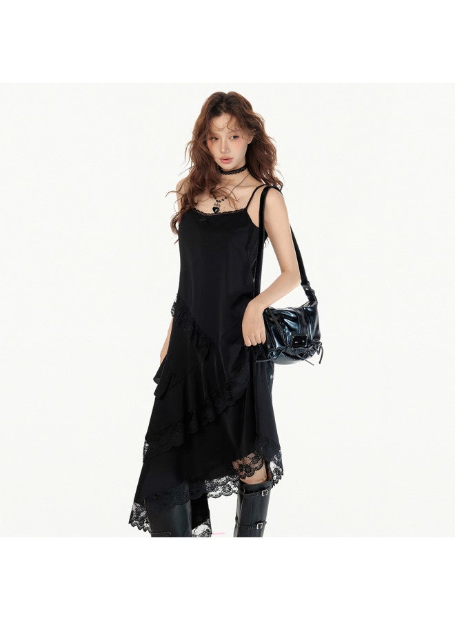 EPTISON Black Dress Women'S 2025 Autumn New Retro Lace Trim Asymmetrical Hem Spaghetti Strap Dress - Image 4