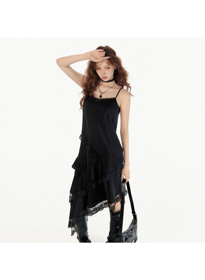 EPTISON Black Dress Women'S 2025 Autumn New Retro Lace Trim Asymmetrical Hem Spaghetti Strap Dress - Image 3