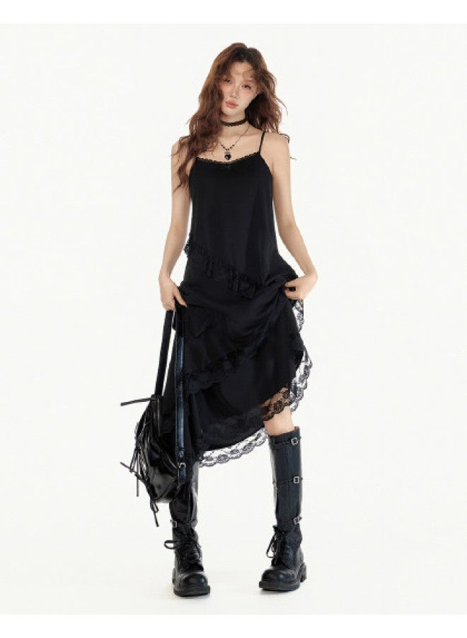 EPTISON Black Dress Women'S 2025 Autumn New Retro Lace Trim Asymmetrical Hem Spaghetti Strap Dress - Image 1