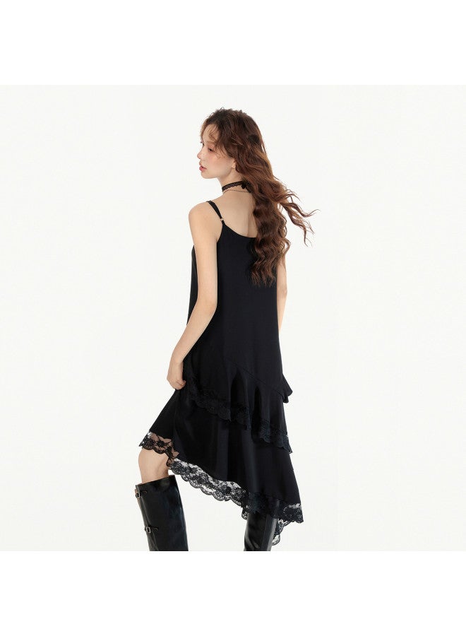 EPTISON Black Dress Women'S 2025 Autumn New Retro Lace Trim Asymmetrical Hem Spaghetti Strap Dress - Image 5