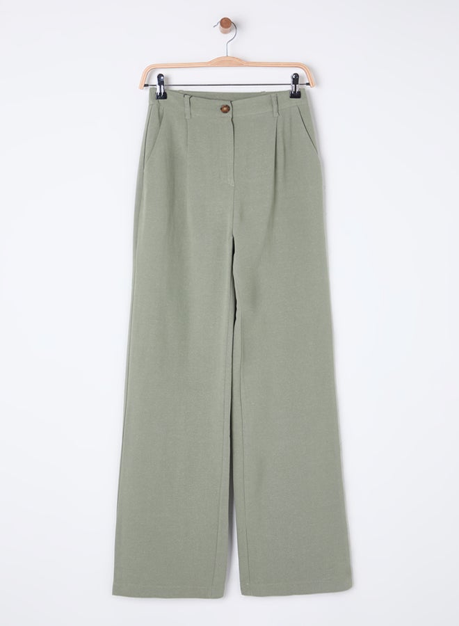 trendyol Khaki Linen Look Wide Leg/Wide Leg Woven Trousers - Image 5