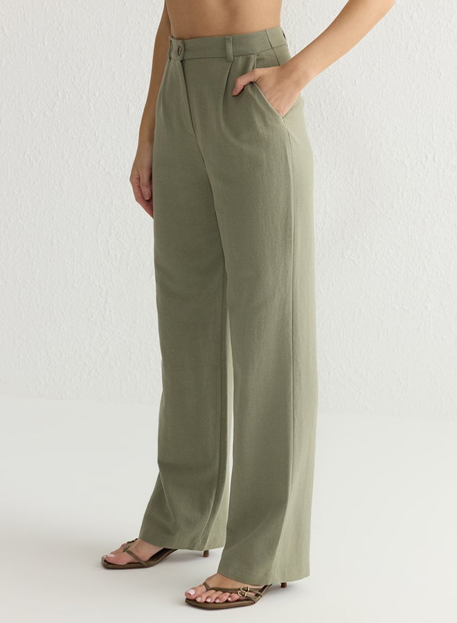 trendyol Khaki Linen Look Wide Leg/Wide Leg Woven Trousers - Image 4