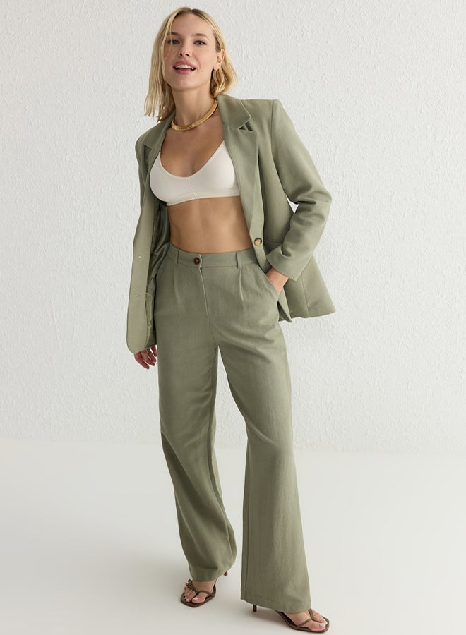 trendyol Khaki Linen Look Wide Leg/Wide Leg Woven Trousers - Image 1