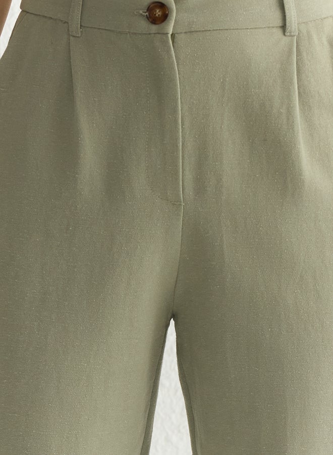 trendyol Khaki Linen Look Wide Leg/Wide Leg Woven Trousers - Image 3