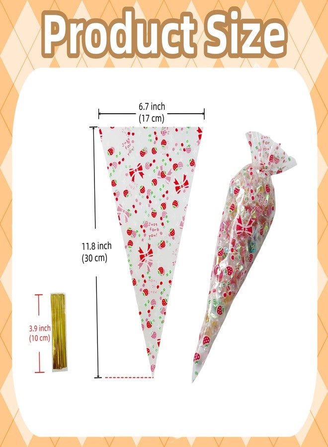PABCK 50Pcs Cone Shaped Cellophane Treat Bags 6.69x11.8 inch Party Favor Gift Wrap Cellophane Bag Clear Plastic Bags for Candy Cookies Popcorn Snack Packaging Food Storage Bag Triangle with 50 Gold Twist Ties - Image 3