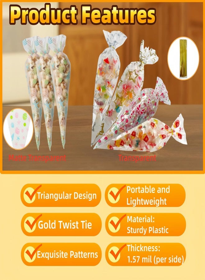 PABCK 50Pcs Cone Shaped Cellophane Treat Bags 6.69x11.8 inch Party Favor Gift Wrap Cellophane Bag Clear Plastic Bags for Candy Cookies Popcorn Snack Packaging Food Storage Bag Triangle with 50 Gold Twist Ties - Image 5