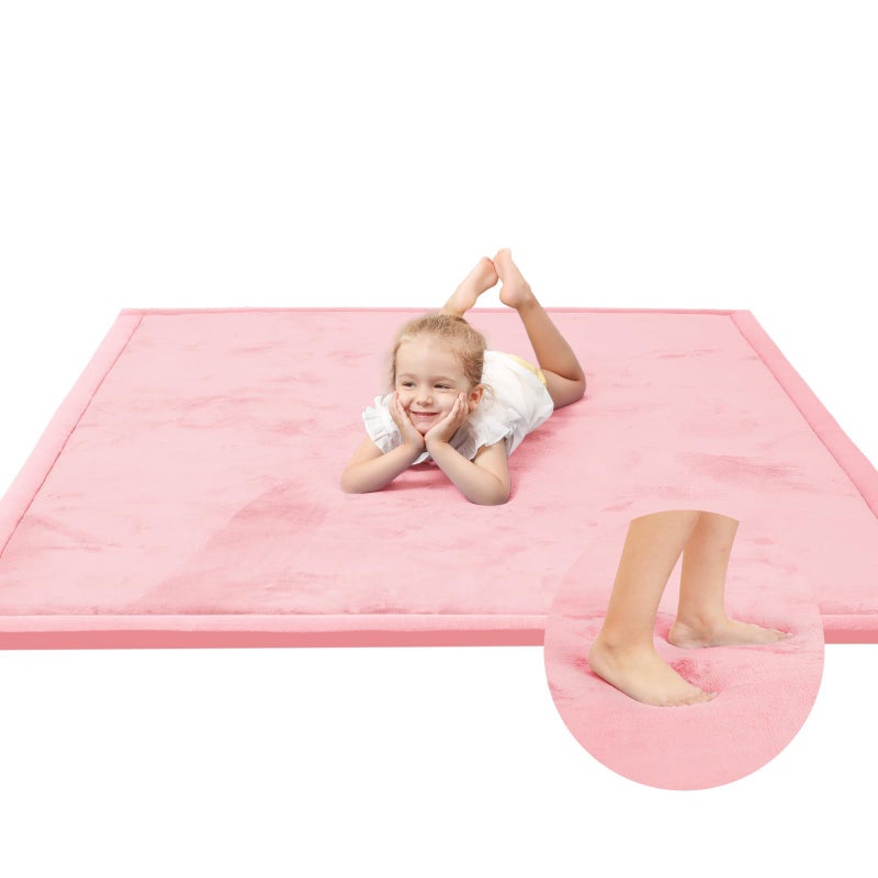 Huloo Sleep Baby Play Mat for Floor,1.3" Thick Elasti-Foam 74Ã—50 Playpen Mat for Toddlers Infant kids,Water-Repellent Soft Coral Velvet for Tummy Time, Non-Slip Backing for Crawling,Tatami Style(Pink) - Image 1