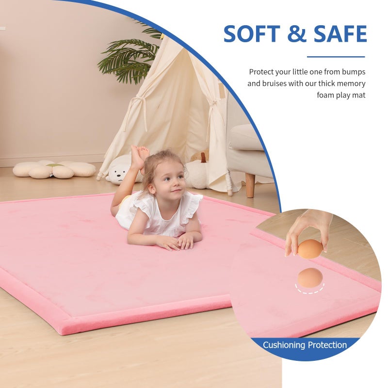 Huloo Sleep Baby Play Mat for Floor,1.3" Thick Elasti-Foam 74Ã—50 Playpen Mat for Toddlers Infant kids,Water-Repellent Soft Coral Velvet for Tummy Time, Non-Slip Backing for Crawling,Tatami Style(Pink) - Image 3