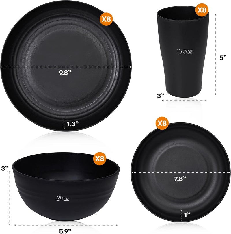 SWEVEN Wheat Straw Dinnerware Sets | Unbreakable Dinnerware Sets | Dishwasher Microwave Safe Dinnerware | Eco Friendly Non Breakable Dinnerware Sets | RV Outdoor Camping (Black, Service for 8 (32 pcs)) - Image 2