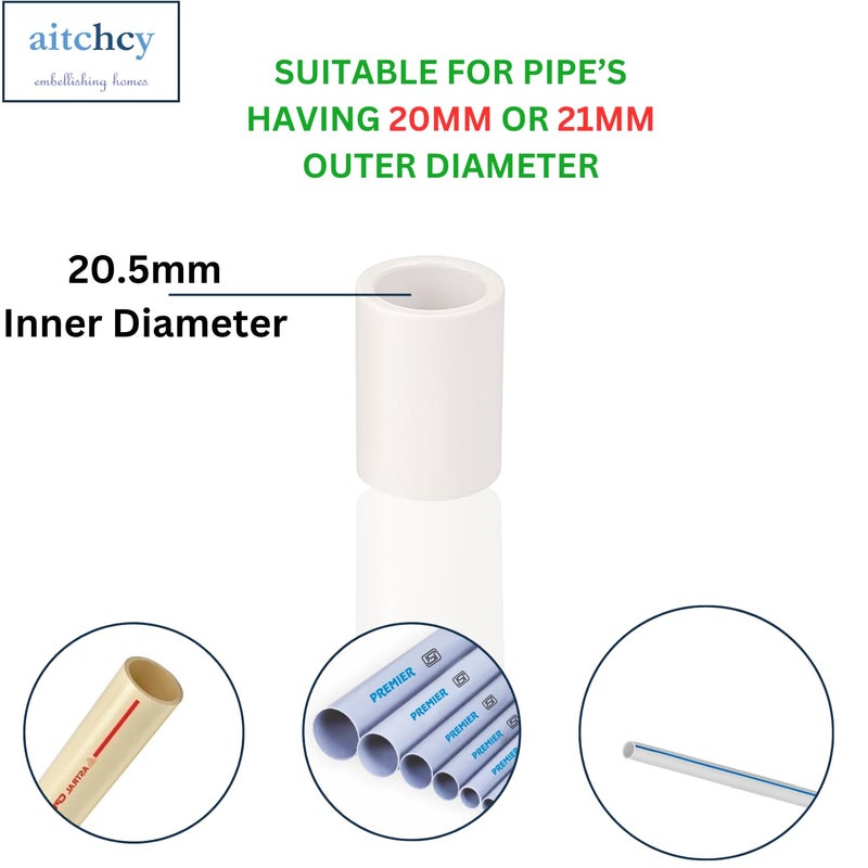 aitchcy PVC socket with Inner Diameter of 20mm | 20 mm PVC Pipe Jointer | uPVC socket for Connecting two pipes of 20 mm | DIY Projects Furnitures & Structures | Coupler (8pc of 20mm Sockets Only) - Image 3