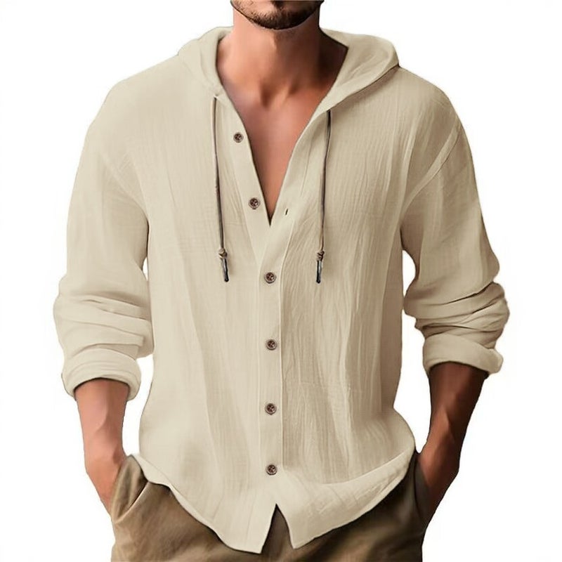 Men's Hooded Linen Cardigan Solid Color Casual Loose V-Neck Drawstring - Image 4