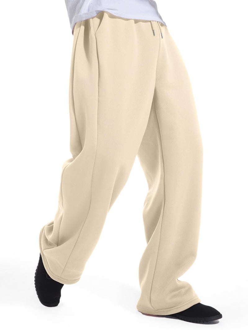 ZUGJAM Men's Baggy Sweatpants Wide Leg Lounge Sweat Pants with Pockets Beige M - Image 4