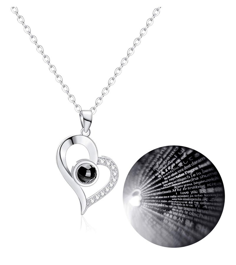 Tornito Gold Plated 100 Languages I Love You Memory Necklace Projection Pendant Necklace For Women (A1:Heart Shape,Silver Tone) - Image 1