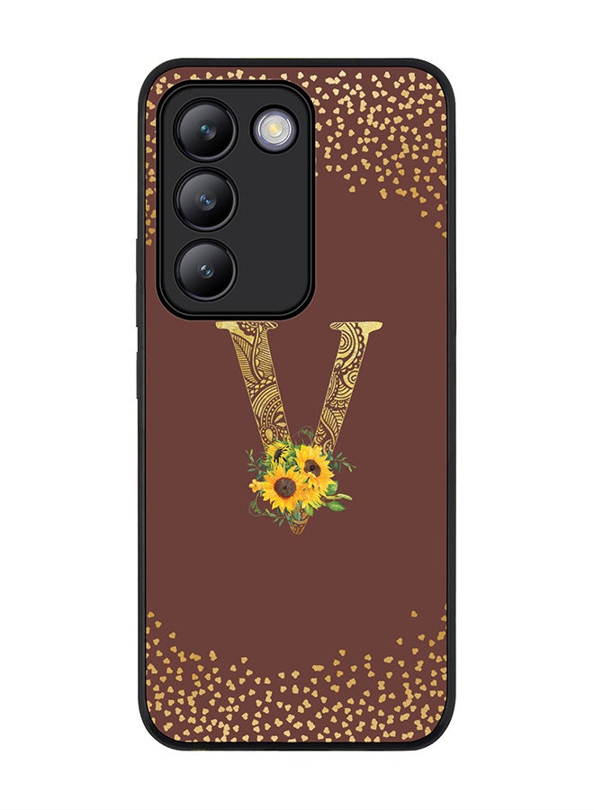 Stylizedd Rugged Black edge case for Vivo V30 Lite 5G, Flexible Cover -  Custom Monogram Initial Letter Mandala Floral Pattern Alphabet - V  (Brown ) - Image 1