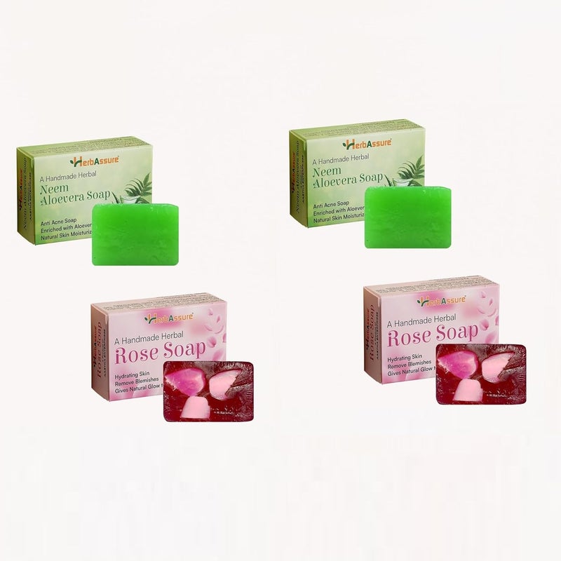 HerbAssure Handmade Herbal Soap Set Neem Aloevera and Rose Variants Natural Skin Care 4 Pieces - Image 1