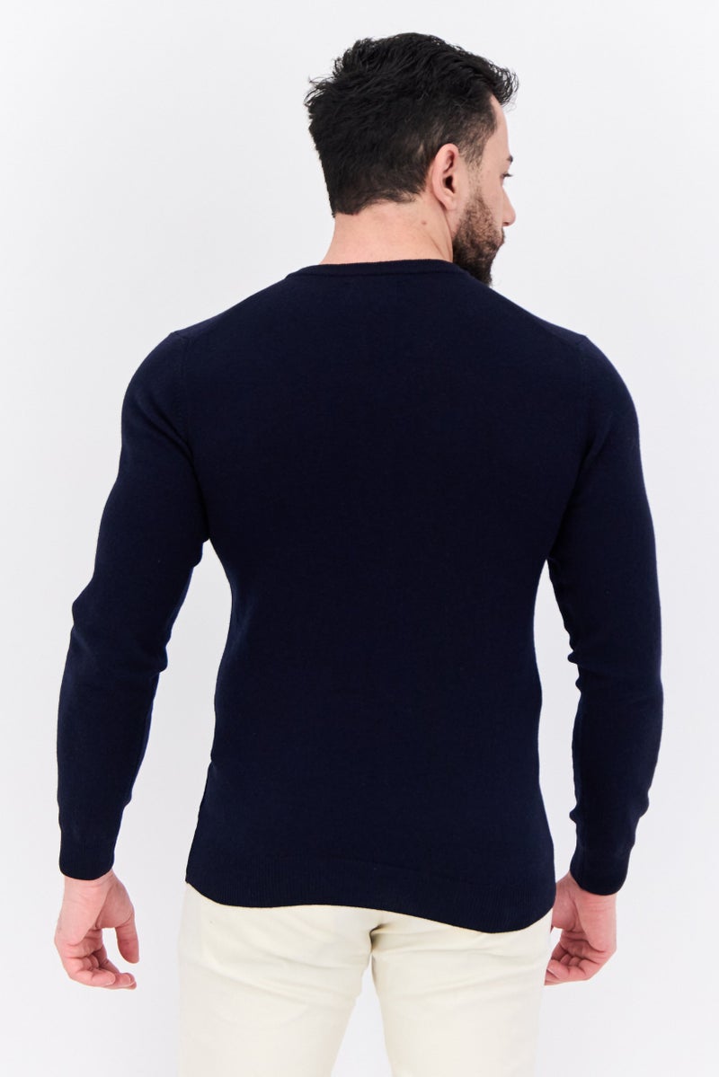 GANT Men V-Neck Embroidered Logo Long Sleeve Sweater, Marine - Image 3