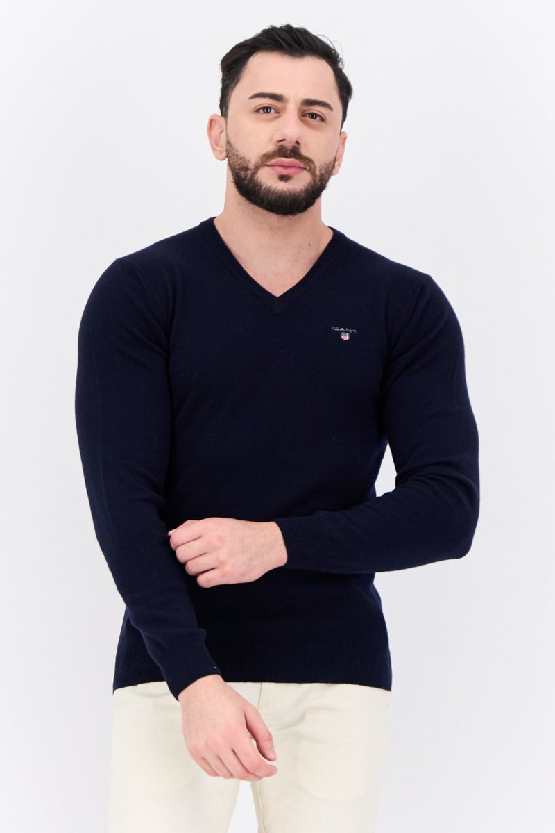 GANT Men V-Neck Embroidered Logo Long Sleeve Sweater, Marine - Image 1
