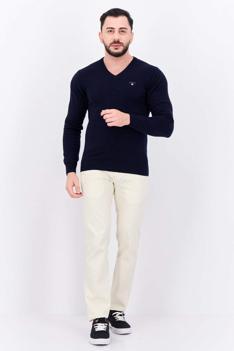 GANT Men V-Neck Embroidered Logo Long Sleeve Sweater, Marine - Image 4