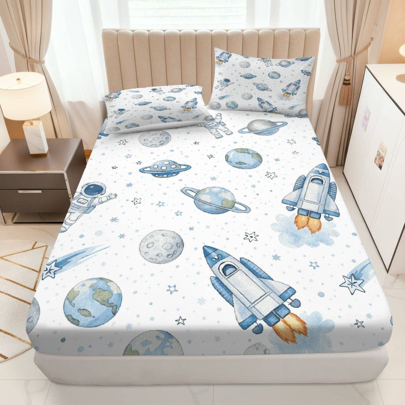 Children Twin Size Fitted Sheet And Pillowcase Set With Space Rocket Astronaut Pattern Mixed Colors Soft Breathable Galaxy Theme Bedding - Image 1